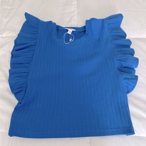 Blue Ruffled Short-Sleeve Shirt with Open-Back